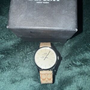 Coach Beige Dial Watch with Tan Signature Canvas Strap